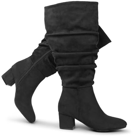 Chicblooms Damen-Stiefel mit extra weiter Wade, lässige Wildlederstiefel mit Blockabsatz, schwarzes Wildleder, EU 39
