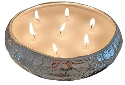 Aeolian 7 Wick Vanilla Scented Candle in Hammered Champagne Bowl (20cm) - Luxurious Soy Wax Table Centrepiece, Perfect Home Decoration Gift, Elegant Interiors by Rowen Homes (Silver)