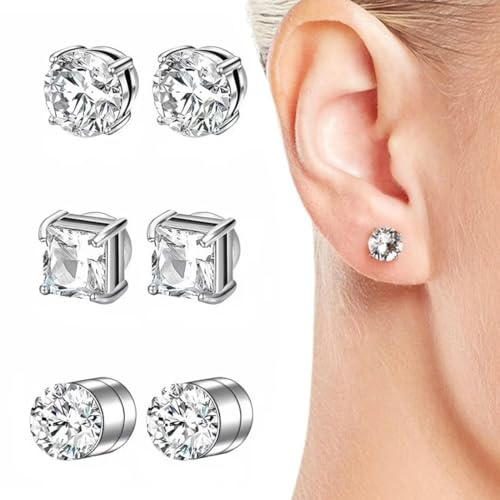 DOKRIN Orecchini da uomo,3 paia di orecchini magnetici in acciaio inossidabile, non forati, 6 mm
