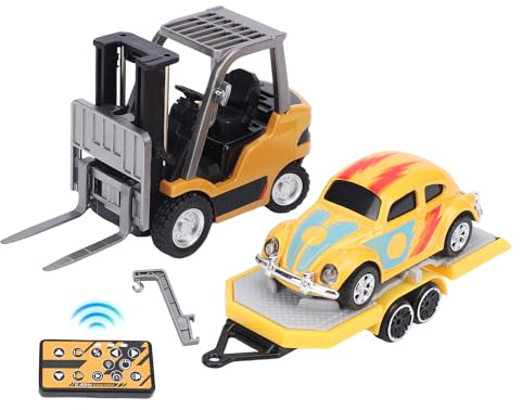 Bewinner Carrello Elevatore Telecomandato in Lega in Scala 1/64 con Rimorchio, Giocattolo da Costruzione RC 2.4G con Funzione di Sollevamento, Luci e Suoni, Include Pallet per Bambini (Terra Gialla)