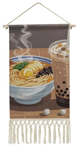 FekiLoot Ramen Milk Tea Poster Hanger with Tassel Linen Cotton Hanging Poster Decor with Wood Frame Scroll Wall Print Picture Artwork Art for Office Home Bedroom Living Room