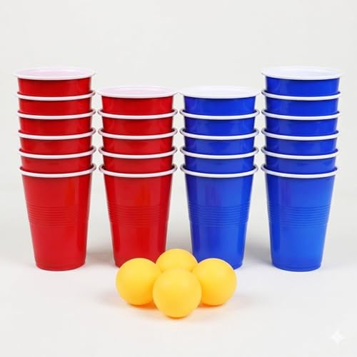 TopHomer Set da 26 pezzi da gioco per Beer Pong, 11 tazze rosse, 11 bicchieri di plastica blu (473,6 g ciascuno), 4 palline da ping pong, perfetto per bere giochi e incontri
