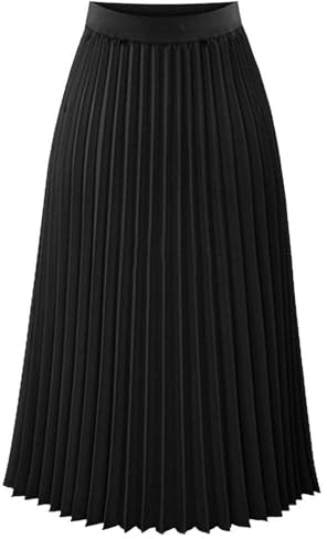 TEERFU Womens Pleated Midi Skirt,High Waist Swing Boho Pleated Skirt Casual Chiffon Elastic A-line Long Skirts (Black, Medium)