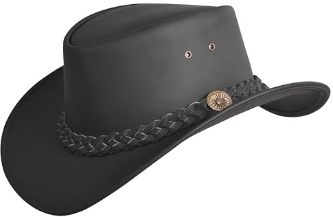 SideWinder Cappello Cowboy Western Australiano Cappelli Pelle di Vacchetta di Cuoio modellabile Outback Stile Vintage Tesa Nero Marrone Tutte Le Tagli