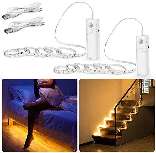 WOBANE LED Band mit Bewegungsmelder,2 x 2m Wiederaufladbar Kleiderschrank Beleuchtung,Warmweiß LED Sensor Licht Schrankleuchten für Treppe,Bett,2700K,2 pack