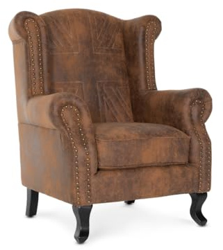 Fireside Chair Union Jack Flag Chesterfield Wingback – Stunning Brown Faux Leather Armchair with High Back, Queen Anne Design & Microsuede Finish – Elegant Wingback Armchair for Living Room, Bedroom