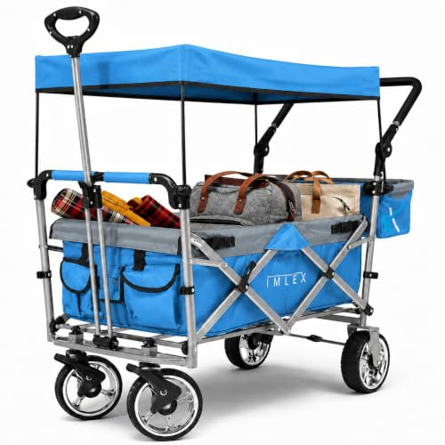 IMLEX XXL Bollerwagen faltbar mit Dach, breite verchromte Räder, Schiebegriff und Zugstange, 3-Punkt-Gurtsystem, Bremsen, klappbare Hecktasche, Taschen und Schutzhülle IM-4268 Blau