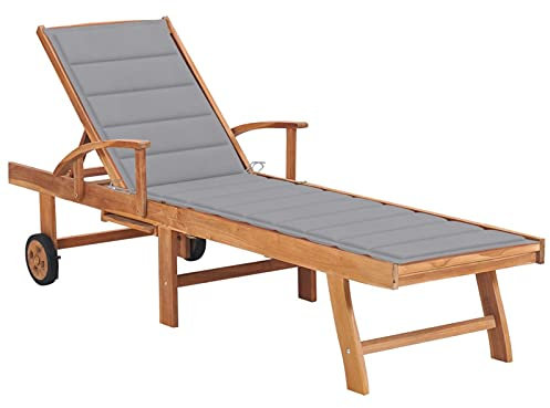 ARKEM Sonnenliege mit Auflage Grau Massivholz Teak Terrassenliege Klappbare Sonnenliege