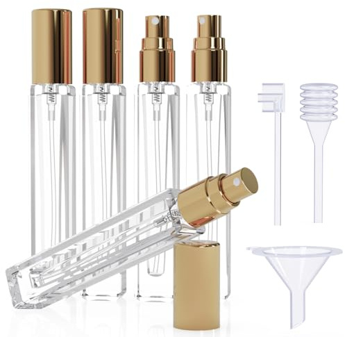 Seafulee 5PCS Cologne Atomizer Empty, 10ML Mini Perfume Bottles Refillable With Dispenser Tools, Pocket Spray Bottle for Travel and Sample Container (Transparent+Golden Cap)