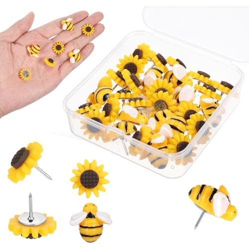 30 Stück Bienen Heftzwecken Dekorative Sonnenblumen Reißzwecken Reißnägel Kunststoff Cute Pins Pinnwandnadeln Süße Blumen Bienen Musterklammern mit Box für Korktafeln Pinnwände Fotowände