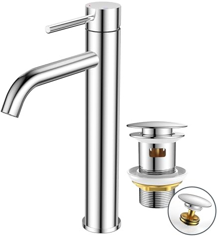 FORIOUS Robinet de Lavabo pour Salle de Bain avec Bonde de Vidage, Mitigeur Haut avec une Hauteur de Bec de 190 mm, Finition Chromée et Mitigeur à Levier Unique pour Lavabo dans la Salle de Bain
