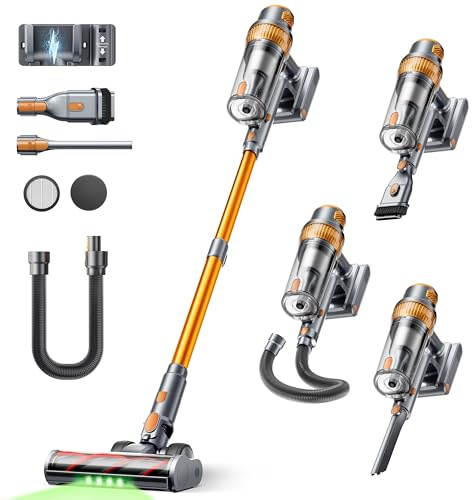 SMOTURE Aspiradora sin Cable 50KPA/600W/65Min, Aspirador Escoba con Manguera de 1M, Cepillo Anti-Enredo con Luz, Modo Automático, Base de Carga de Pared, para Pelo de Mascota/Suelos/Alfombras/Coche