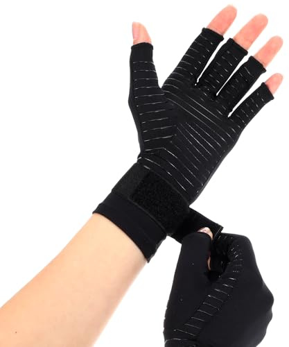 XLIUAX Guantes de compresión de cobre para artritis con correa muñeca, guantes compresión mano sin dedos para mujeres y hombres, túnel carpiano (L)