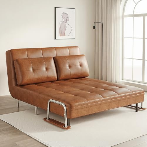 LineCrispton Leather Sofa Bed Double, 3-in-1 Convertible Loveseat Sofa Chair with 5-Position Adjustable Backrest, Folding Guest Bed with High-Density Foam for Living Room & Office (Brown)