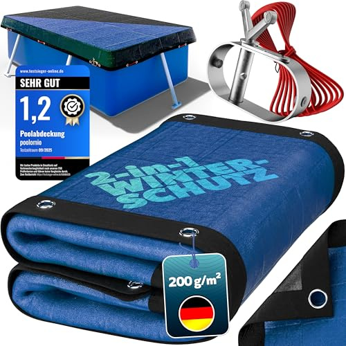 poolomio Poolabdeckung rechteckig 700 x 400 cm, Winterabdeckung Pool | Abdeckplane für Pool 7 x 4 m – 200 g/m² robustes, UV-resistentes PE – Stahlseil & Ratsche – Echtmaß: 760 x 460 cm