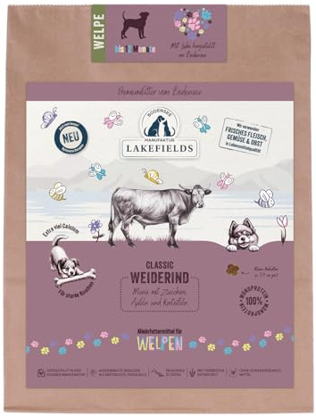 Lakefields Classic Trockenfutter für Welpen | Rind 60% | 1 x 1kg | Getreidefreies Welpenfutter trocken | Natürliche Zutaten in Lebensmittelqualität | Äpfel, Karotten & Zucchini | Schonend gebacken
