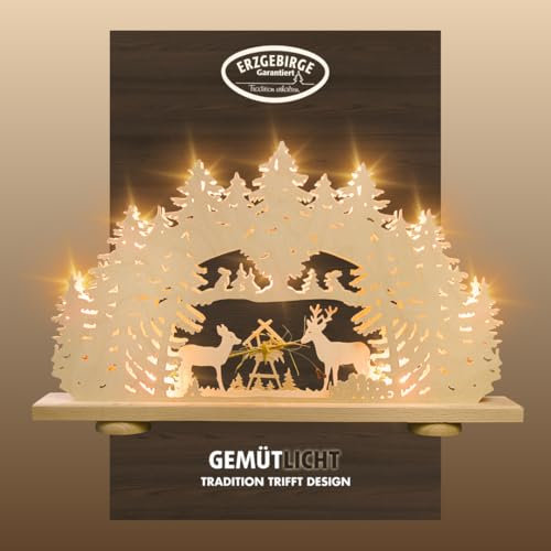 WEIGLA - Schwibbogen original Erzgebirge I LED Lichterbogen Weihnachten I Motiv Futterkrippe mit echtem Heu I 10 Lampenkerzen + 1 Ersatzlampe I 10 x 23 V, 0,2 W, E10 I beleuchtete Weihnachtsdeko innen
