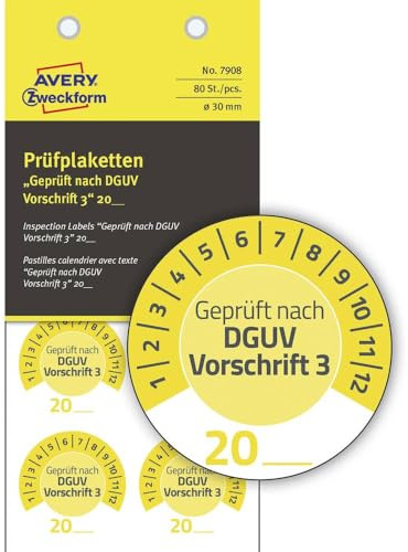 AVERY Zweckform 80 Stück Prüfplaketten Geprüft nach DGUV Vorschrift 3 20xx (mit Jahreszahl zum selber eintragen, widerstandsfähig, selbstklebend, Ø 30 mm, Prüfaufkleber, Prüfsiegel aus Vinyl) 7908 gelb
