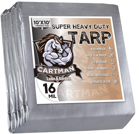 CARTMAN Finished Size 10x10 Feet Extra Thick 16 Mil Ultra Heavy Duty Poly Tarp, Multipurpose Protective Cover, UV Resistant, Waterproof Poly Tarpaulin with Reinforced Edges