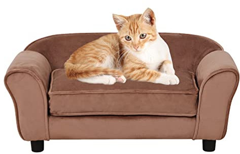 PWTJ Small Breed Dog & Cat Sofa Bed - Soft Velvet & Wooden Frame - Washable Cushion - Comfortable Resting Furniture for Small Pets,(Brown)