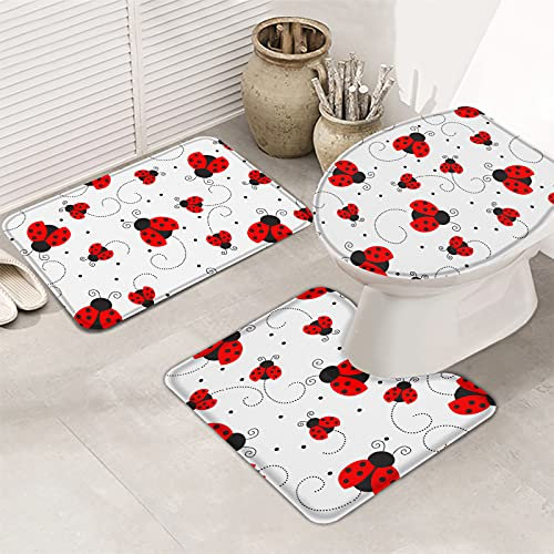 Set 3Tlg Badematten Frohe Weihnachten, Roter Liebes-Weihnachtsmarienkäfer Mit Gepunkteten Flügelwirbeln Anti-Rutsch Kontur Badteppich Dekorative Toilettendeckel Badgarnitur Matte