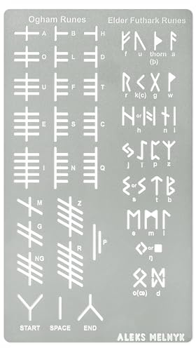 Aleks Melnyk No.421 Metal Stencil, Elder Futhark and Ogham Runes, Ancient Alphabet, Sigil Magic Alphabet, Letter Template for Wood Burning, Pyrography Engraving, Wicca Stencil, Bookmark