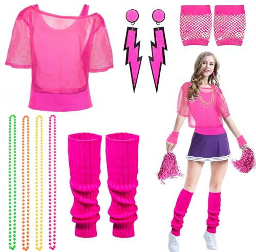 Pianocean 80er Jahre Outfit Damen, 9Pcs 80er Jahre Accessoires für Frauen, Weste, Bluse, Beinwärmer, Armbänder, und Ohrring für Neon 80 Jahre Party Outfit Damen, für 80er Jahre Outfit Damen Party