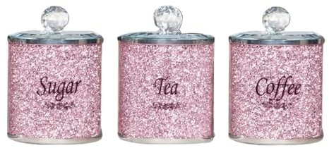 BML Silver Diamond Crushed Pink Tea Sugar Coffee Canisters Jars Kitchen Sparkle | Silver Trimmings Kitchenware Storage Crystal Containers Filled Black Writing