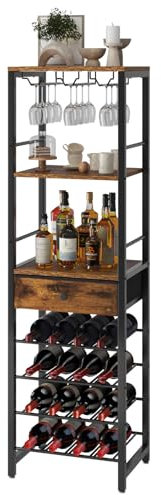 IBUYKE Wine Rack Freestanding Floor, Bar Cabinet,Coffee Bar Cabinet 4-Tier Wood bar Cabinet,Glass Holder and Storage Drawer for Home Bar Kitchen Living Room,Brown TMJ905H