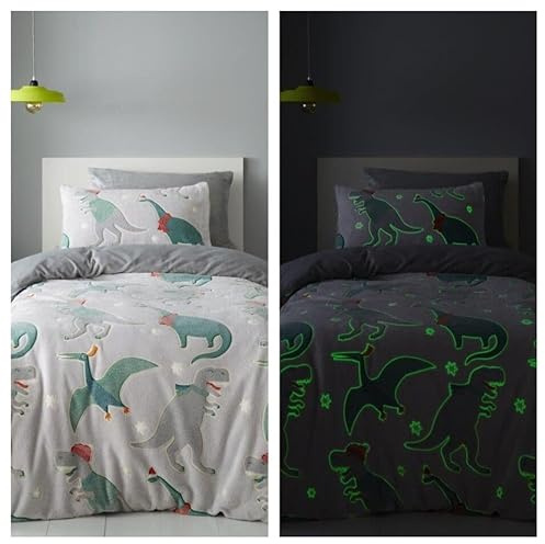 NFK TEXTILE Juego de funda de edredón de forro polar que brilla en la oscuridad, suave, cálido y acogedor, de invierno, para niños y adultos (dinosaurios de invierno, individual)
