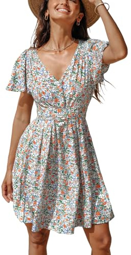 CUPSHE Damen Kleid V Ausschnitt Kurzarm Blümchenmuster Knöpfen Sommerkleid Freizeitkleid Strand Mini Dress