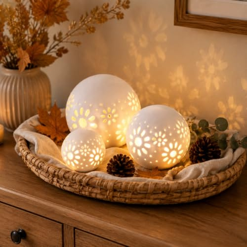 JHY DESIGN 3er-Set Dekorative Tischlampe aus Keramik 11cm H Batteriebetriebene Laterne Floralem Kabelloses Licht für Wohnzimmer Schlafzimmer Hochzeiten Partys Terrasse Veranstaltungen Geschenke(Rund)