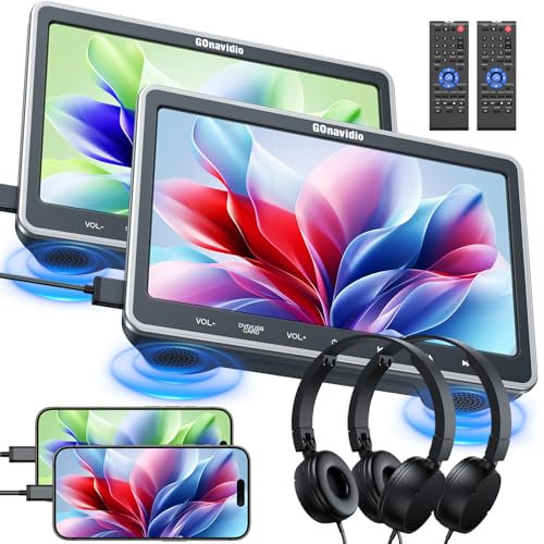 GoNavidio HDMI-in - Lettore DVD per auto, 2 schermi indipendenti, 10,1, schermo per sedile posteriore, lettore DVD portatile per auto, doppio schermo con 2 cuffie, AV in/out, USB, TF Card, non
