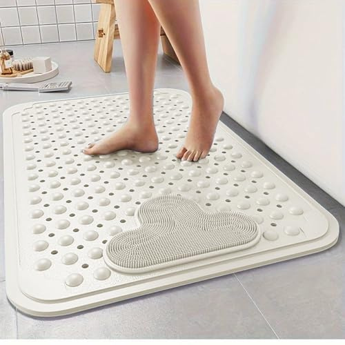 Non Slip Rug Bathtub Mat for Shower, with Strong Grip Suction Cups Drain Holes, Massage Foot Pad for Bathroom - Cream - 60 x 90 cm