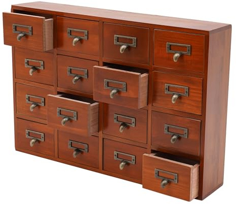 RustyVioum Wooden Storage Box, 16 Drawers Apothecary Cabinet with Drawers Vintage Apothecary Chests Cabinets Wooden Desk Drawer for Offices Dormitories Kitchens (19.69”x3.94”x13.78”)