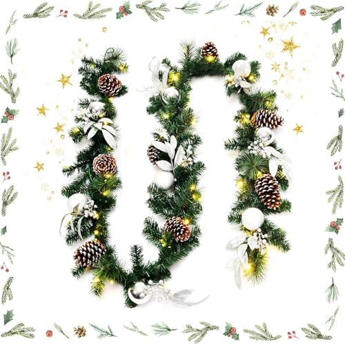 GOPLUS Guirnalda de Navidad Decorativa 270 cm, Guirnalda de Abeto Artificial con 50/100 Luces LED y Función de Temporizador, Decoración Navideña para Escalera Chimenea (Piñas+Hojas de Acebo)