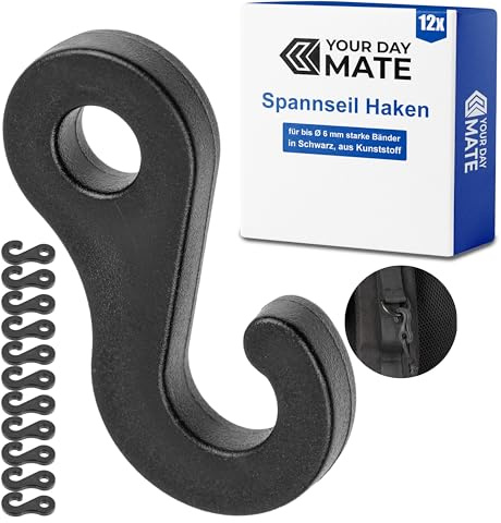 Spannseil Haken, 12 Stück, in Schwarz, aus Kunststoff, für bis Ø 6 mm Gummiseile, Haken Clip für Outdoor Zelt, Vorzelt, Markise, Plane, Stangenclip, Befestigungshaken Gurtband, Zeltspanner Seilklemme