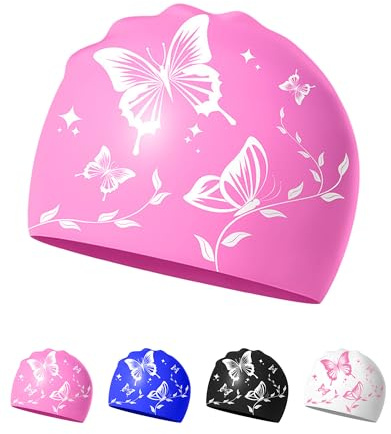 Badekappe für Damen – Weich, Elastisch, Anti-Rutsch, Stylisch, Komfortabel (Rosa Schmetterling)