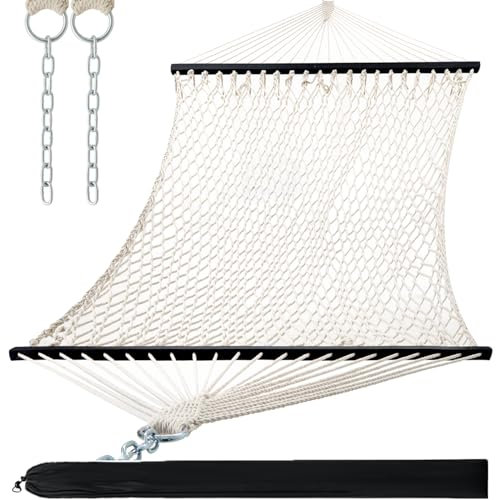 PNAEUT Doppel-Hängematten für den Außenbereich, 4 m, traditionelle Seil-Hängematte für 2 Personen, mit Hartholz-Spreizstange und Tragetasche, 215,5 kg Kapazität (Beige)