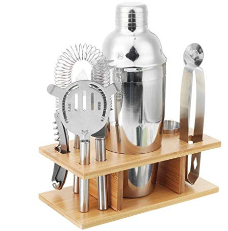 WLCNYL Kit per Cocktail in Acciaio Inossidabile da 750 ml, Shaker, Mixer, Drink, Barista, Regali per Bar, pinze per Ghiaccio, Set di Utensili da Bar con Supporto per portabottiglie