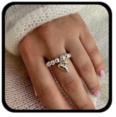 Allereya Boho Perlen Elastischer Ring Goldene Herz Ringe Silberne Perlen Ringe Herz Finger Ring Schmuck für Frauen
