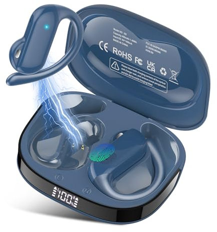 Open Ear Earbuds, Bluetooth 5.4 Wireless Earbuds with Ear Hooks, 32H HiFi Stereo Open Ear Headphones with Clear Calls, IPX7 Waterproof Lightweight Sport Earphones for Workouts, Running, Fitness, Blue