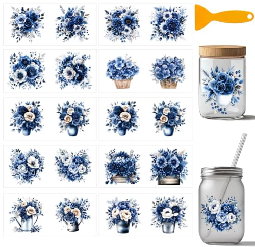 arricraft 10 Stück Blaue Blumen Thema UV DTF Cup Wrap Transfer Aufkleber 10 Stil Rosen Chrysanthemen Pfingstrosen Rub On Aufkleber PVC Cup Wrap Wasserdichte Rub Decals Für 16 OZ Glas Tassen
