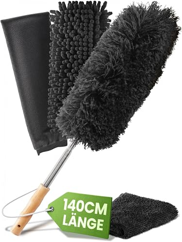 BAMBUA Staubwedel Teleskop [5 TEILIGES Premium Set] mit edlem Bambusgriff - Erstklassiges Staubwischer Set für erstklassige Reinigung von Haushalt und Auto - Staubfänger Ausziehbar bis 140 cm