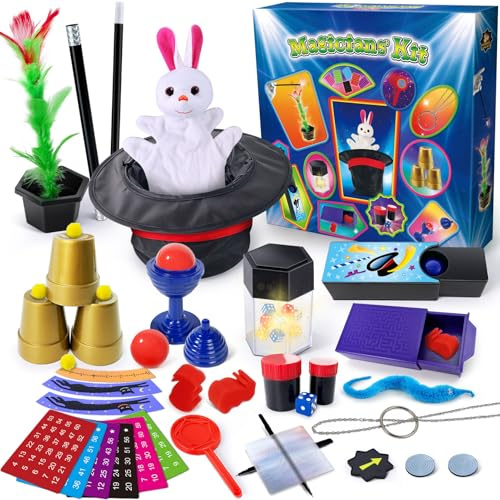 PATIFEED Zauberkasten, 75 Zaubertricks für Kinder im Alter von 6-8 Jahren, Zauberset mit Zylinderhut, Anleitung für Kinder, Geburtstag Geschenk für Magier Junge Mädchen
