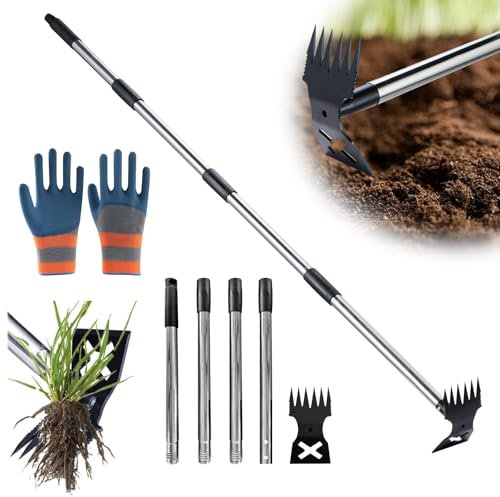 Strumento per la rimozione delle erbacce, manico lungo, 148 cm, con manico lungo, 2 in 1, rastrello per zappe da giardino per diserbo, resistente per il controllo delle erbacce, accessori per cortile