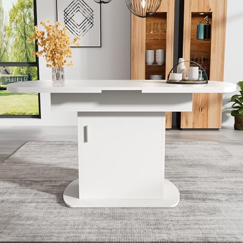 Ausziehbarer ovaler Esstisch mit Stauraum 110-130x70x75 cm für 4-6 Personen Platzsparender Kaffee-Freizeittisch für Esszimmer Wohnzimmer Küchentisch Weiß+Silberner Griff