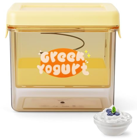 Jasfyee Yogurt Maker with Fine Mesh Filter & Lid – 1L Leak-Proof Reusable Yoghurt Machine for Greek Yogurt, Probiotic Straining, Soy Milk, Juice, Berries & Tea (Yellow)