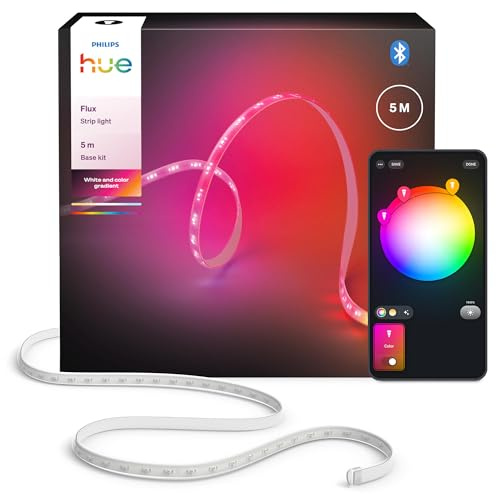 Philips Hue Flux Tira LED inteligente 5 M, 2000 lm, luz ambiente de color, iluminación interior flexible, tecnología Chromasync™, RGBWWIC, cortable, ampliable, reutilizable, control por app y voz