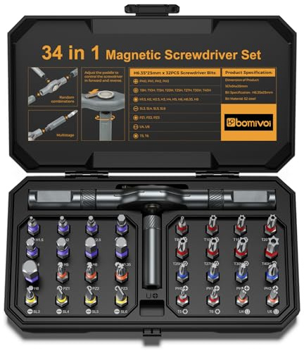 Bomivoi 34 in 1 Magnetic Screwdriver Set, DIY Ratchet Screwdriver Set, Multi Bit Magnetic Drive Sets with Ratcheting Handle, Handy Repair Tool Kit for Electronics, Bike, Furniture, DIY, Computer